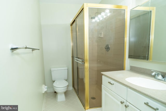 bathroom with tile patterned flooring, walk in shower, vanity, and toilet