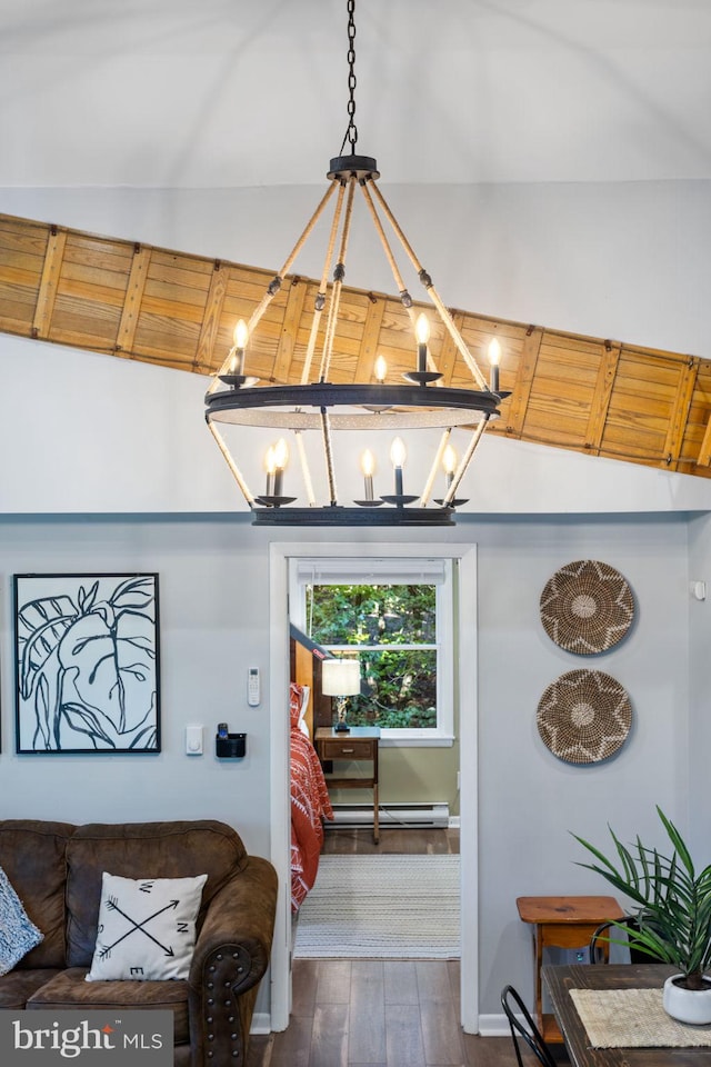 interior space featuring lofted ceiling with beams, wooden ceiling, and wood-type flooring