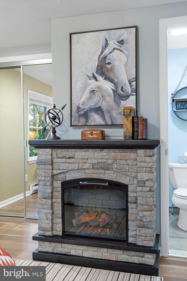 room details featuring a baseboard heating unit, hardwood / wood-style flooring, and a fireplace