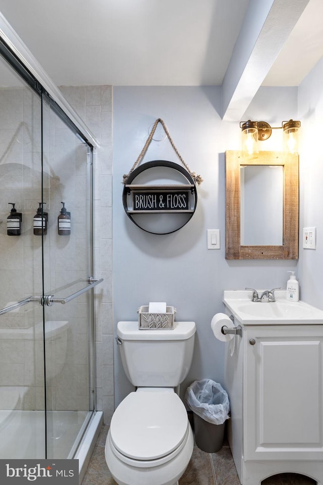 bathroom with tile patterned floors, vanity, toilet, and an enclosed shower