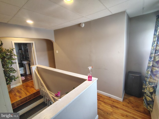 hall featuring hardwood / wood-style floors and a drop ceiling