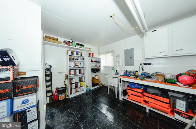 kitchen with electric panel and white cabinets