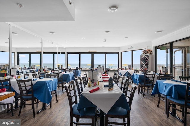 dining space featuring a water view, a wealth of natural light, and hardwood / wood-style flooring