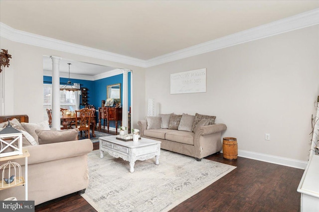 living room with ornate columns, dark wood-type flooring, crown molding, and baseboards