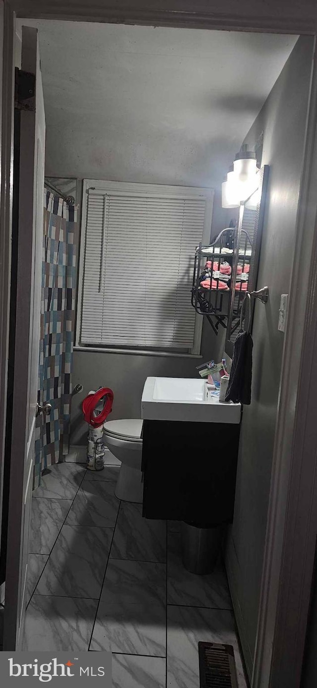 bathroom with vanity, toilet, and a shower with shower curtain