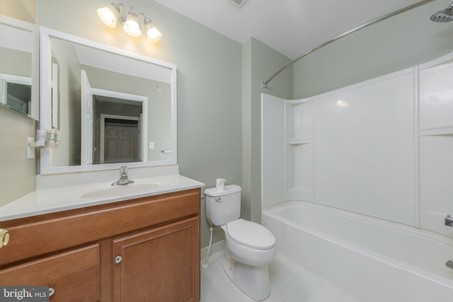 full bathroom featuring vanity, washtub / shower combination, and toilet