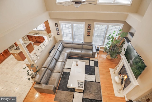 living room with plenty of natural light, light hardwood / wood-style floors, and ceiling fan