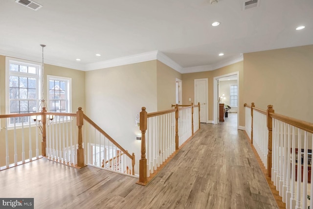 hall with a notable chandelier, light hardwood / wood-style flooring, and ornamental molding