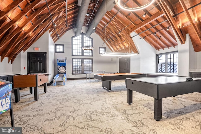 game room with beam ceiling, carpet flooring, wood ceiling, and high vaulted ceiling