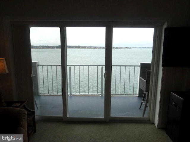 interior space featuring a water view