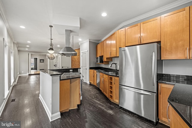 kitchen featuring crown molding, dark wood-type flooring, appliances with stainless steel finishes, island exhaust hood, and a sink