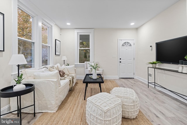 living room with a wealth of natural light and light wood-type flooring