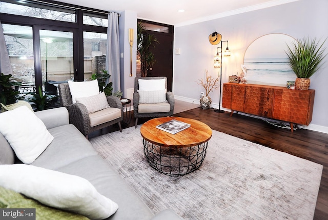 living room featuring ornamental molding and dark hardwood / wood-style flooring