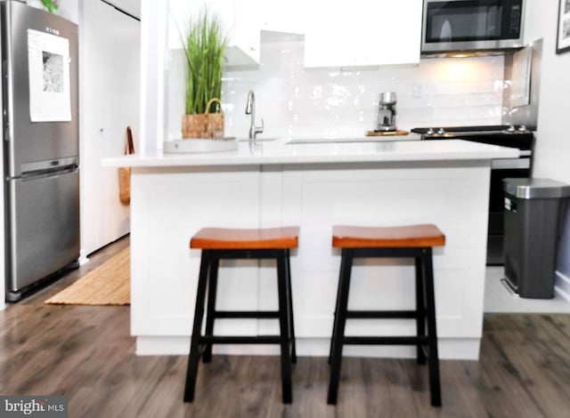 kitchen with decorative backsplash, stainless steel appliances, and a kitchen breakfast bar