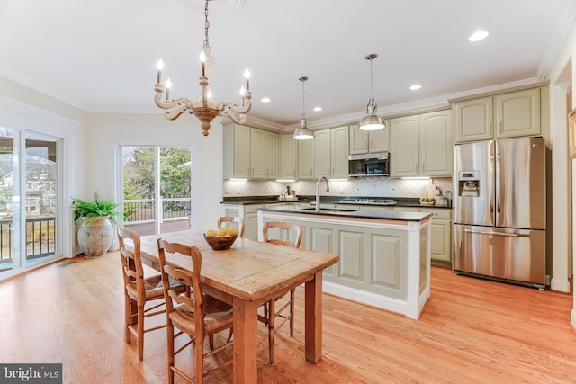 10002 Woodrow St, Vienna, VA 22181 - dining space with visible vents, crown molding, light wood-type flooring, a notable chandelier, and recessed lighting