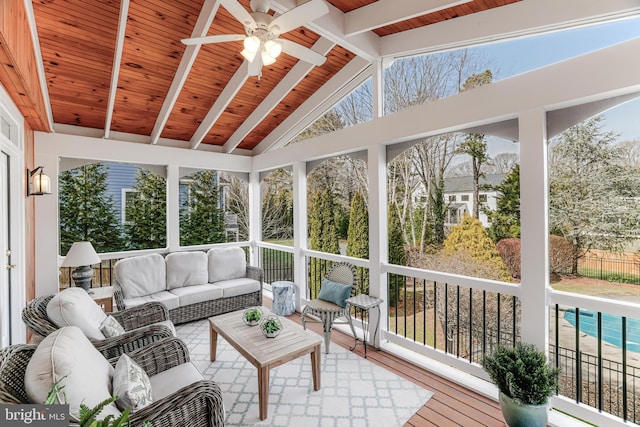 10002 Woodrow St, Vienna, VA 22181 - sunroom / solarium featuring ceiling fan, an outdoor living space, a healthy amount of sunlight, and beamed ceiling
