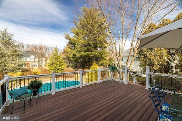 deck with a fenced in pool