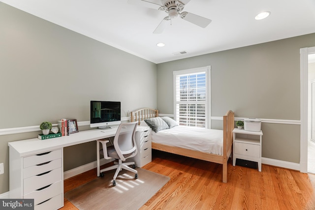 bedroom with visible vents, recessed lighting, light wood finished floors, and baseboards