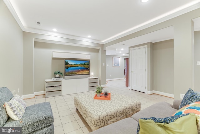 living room featuring visible vents, light tile patterned floors, baseboards, ornamental molding, and recessed lighting