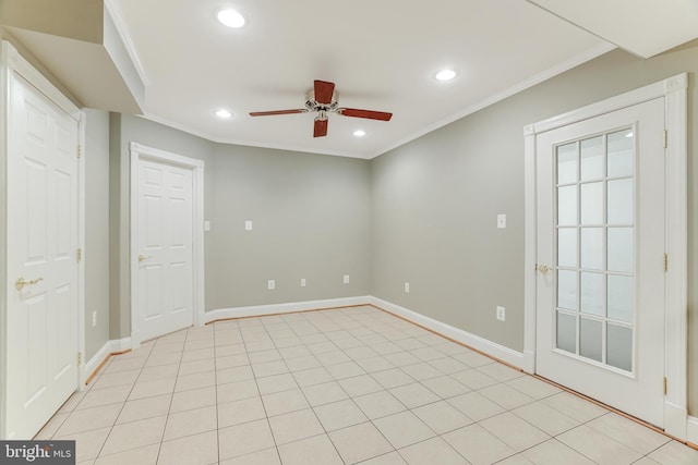 unfurnished room featuring recessed lighting, ceiling fan, ornamental molding, and baseboards