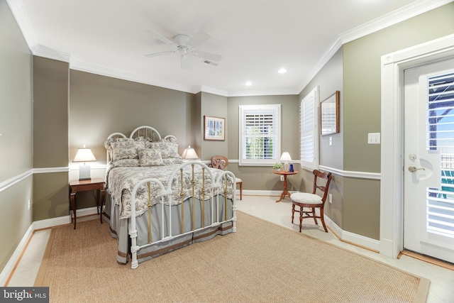 bedroom featuring a ceiling fan, visible vents, baseboards, ornamental molding, and recessed lighting