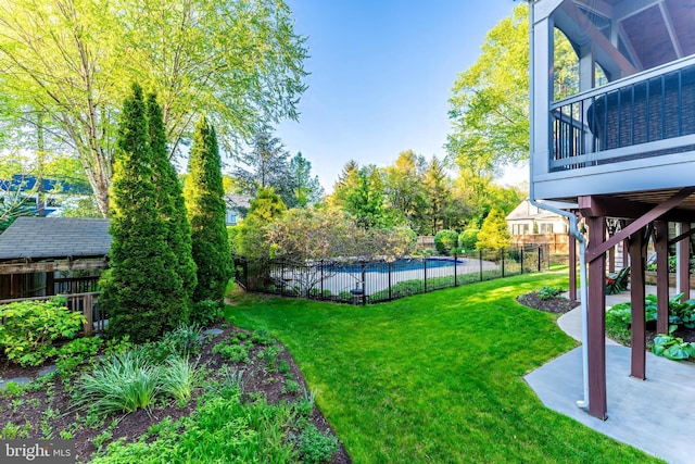 view of yard featuring a fenced in pool, a fenced backyard, and a patio area