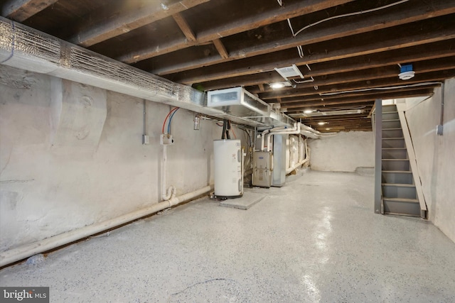 basement with heating unit and water heater