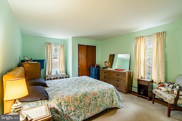 bedroom featuring multiple windows, light colored carpet, baseboard heating, and a closet