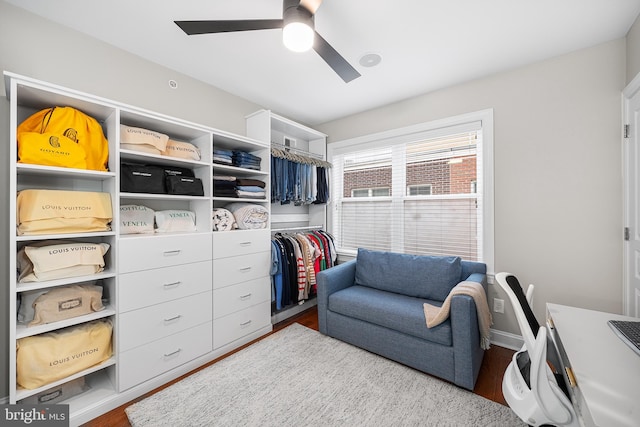 walk in closet with ceiling fan and wood-type flooring