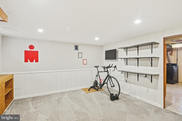 workout room with carpet floors, recessed lighting, washer / clothes dryer, and wainscoting