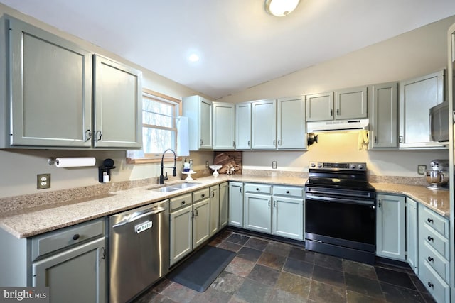 kitchen featuring lofted ceiling, sink, gray cabinetry, stainless steel dishwasher, and electric range