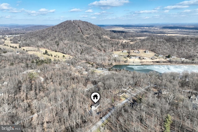 bird's eye view with a water and mountain view