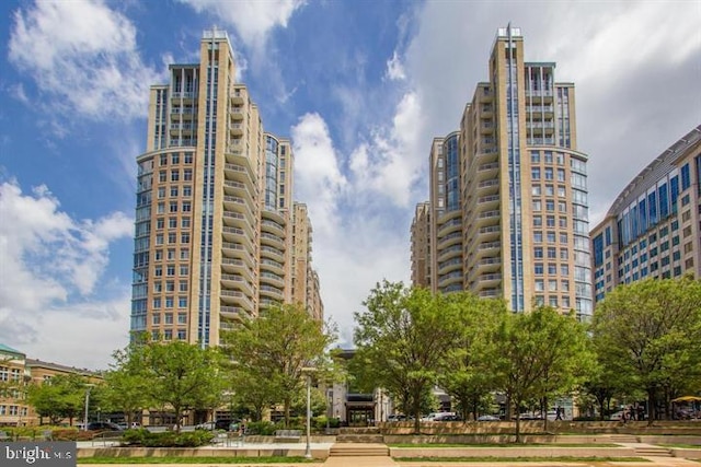 view of building exterior with a city view