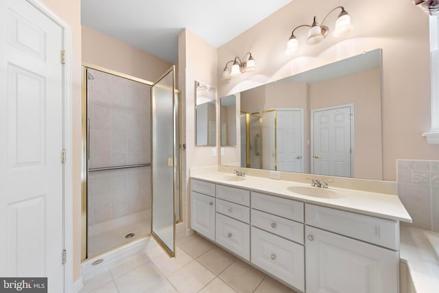 bathroom with walk in shower, tile patterned floors, and vanity