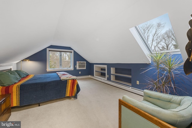 carpeted bedroom with vaulted ceiling with skylight, a wall mounted AC, and a baseboard radiator