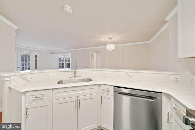 kitchen featuring ornamental molding, sink, stainless steel dishwasher, and white cabinets