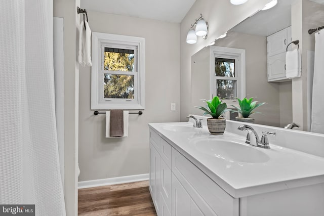 bathroom featuring hardwood / wood-style flooring and vanity