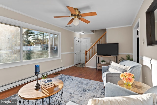 living room featuring a baseboard radiator, ornamental molding, ceiling fan, and dark hardwood / wood-style flooring