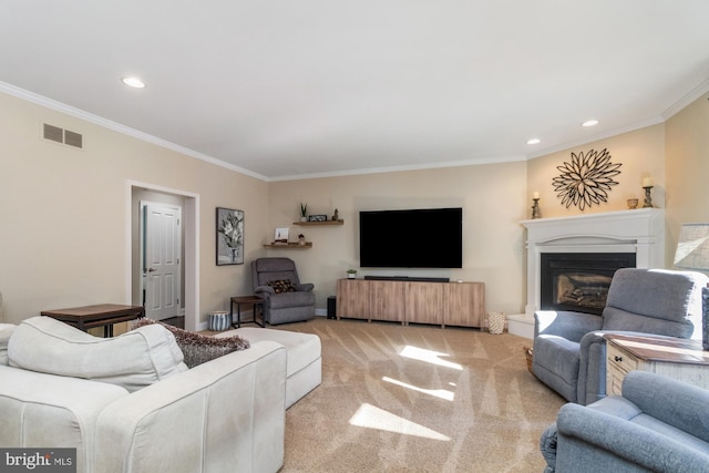 carpeted living room featuring crown molding