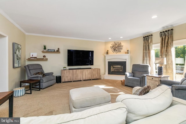 carpeted living room featuring ornamental molding