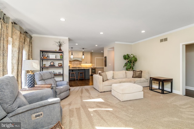 living room with crown molding