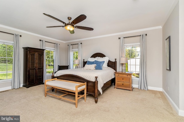 bedroom with ornamental molding, light carpet, and ceiling fan