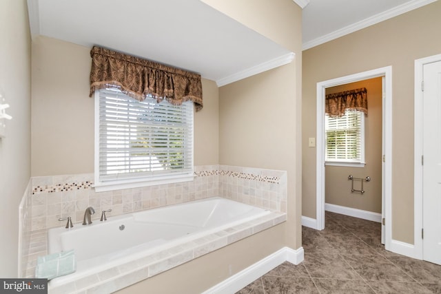 bathroom featuring tile patterned flooring, ornamental molding, and tiled bath