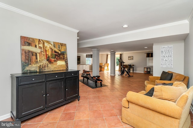 tiled living room featuring crown molding and ornate columns