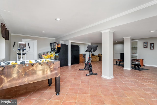 workout room featuring light tile patterned flooring and crown molding