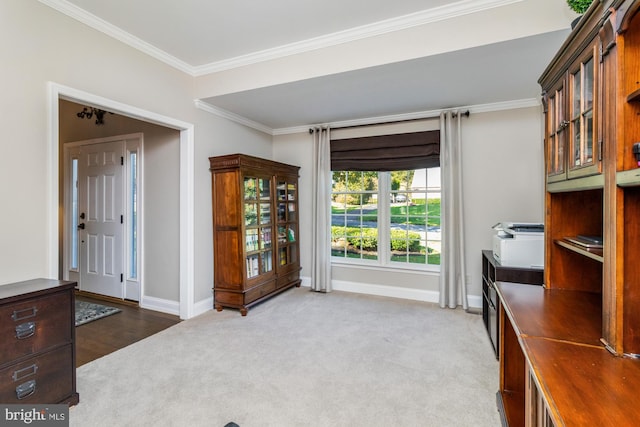 carpeted home office featuring crown molding