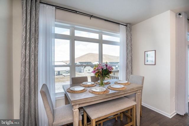 dining area with a mountain view and dark hardwood / wood-style flooring