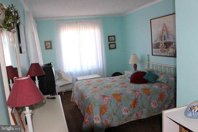 carpeted bedroom featuring crown molding