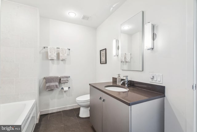 full bath with toilet, a washtub, vanity, baseboards, and tile patterned floors