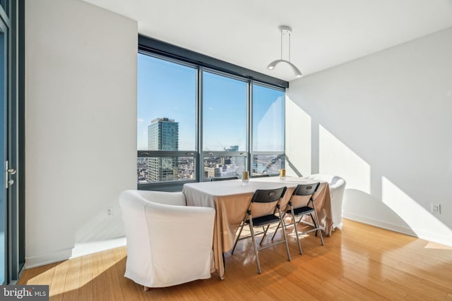 dining area featuring a view of city, baseboards, and wood finished floors